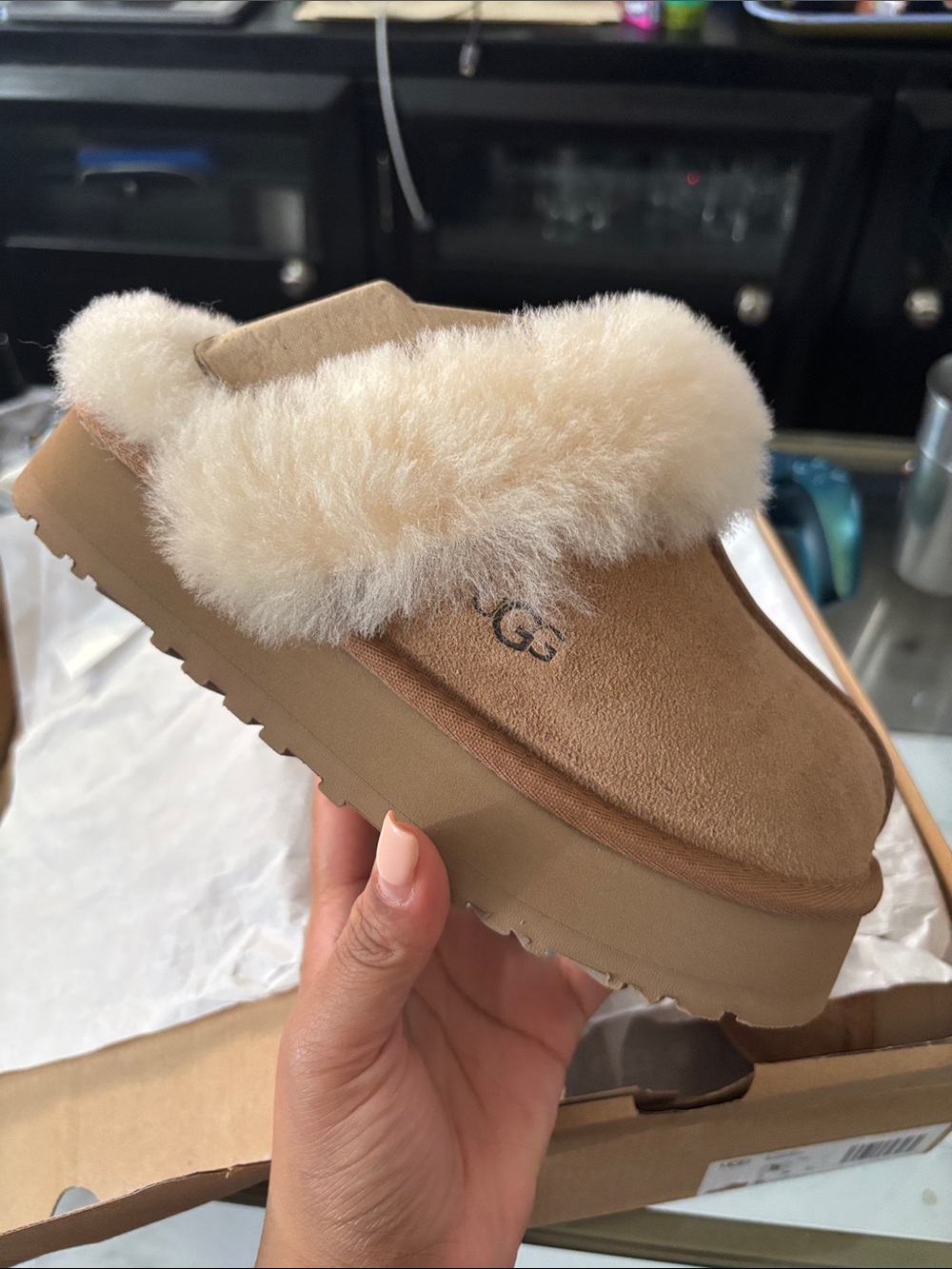 UGG Chestnut Suede Slip-On Slipper with Cream Shearling Trim - Picture 3 of 6